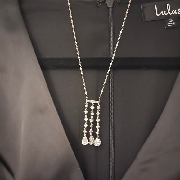 NWT Lulus Black Satin Dress Size Small & Bonus Dangling CZ Silvertoned Necklace - Picture 2 of 3